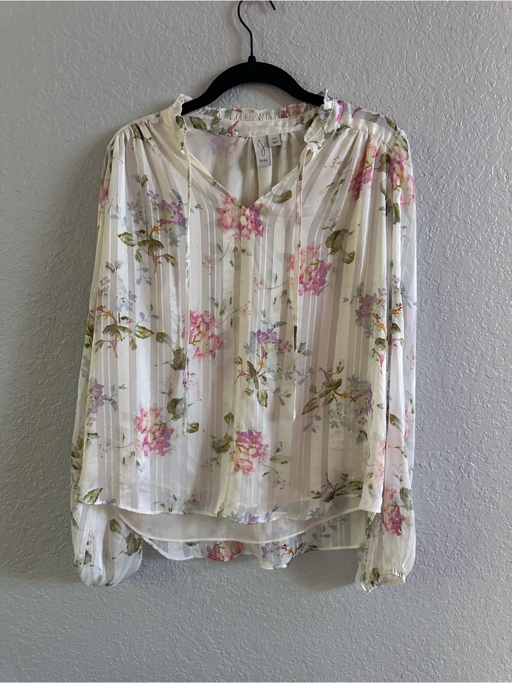 Joie Semi Sheer Floral Metallic Stripe Split Neck‎ Blouse Size Small